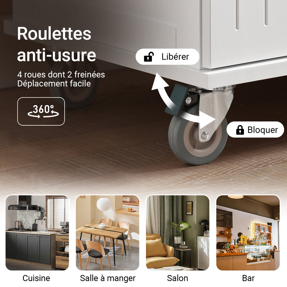 SoBuy FKW119-WN Desserte Cuisine avec Roulettes, Mobile, pour Cuisine et Salle à Manger, Rangement Optimisé – L74×P46×H91 cm, Bois d’Hévéa, Blanc et Naturel