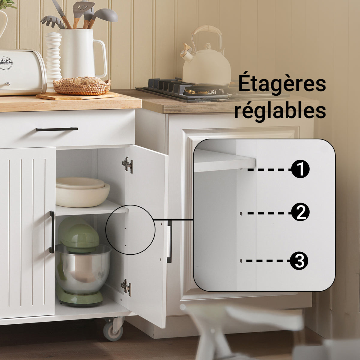 SoBuy FKW119-WN Desserte Cuisine avec Roulettes, Mobile, pour Cuisine et Salle à Manger, Rangement Optimisé – L74×P46×H91 cm, Bois d’Hévéa, Blanc et Naturel