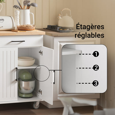 SoBuy FKW119-WN Desserte Cuisine avec Roulettes, Mobile, pour Cuisine et Salle à Manger, Rangement Optimisé – L74×P46×H91 cm, Bois d’Hévéa, Blanc et Naturel