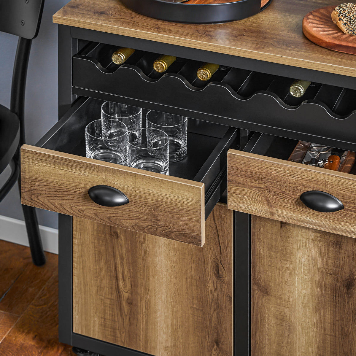 SoBuy FKW122-SCH Desserte de Cuisine à roulettes Chariot de Cuisine, 1 Porte-Bouteilles, 2 Tiroirs et 2 Portes