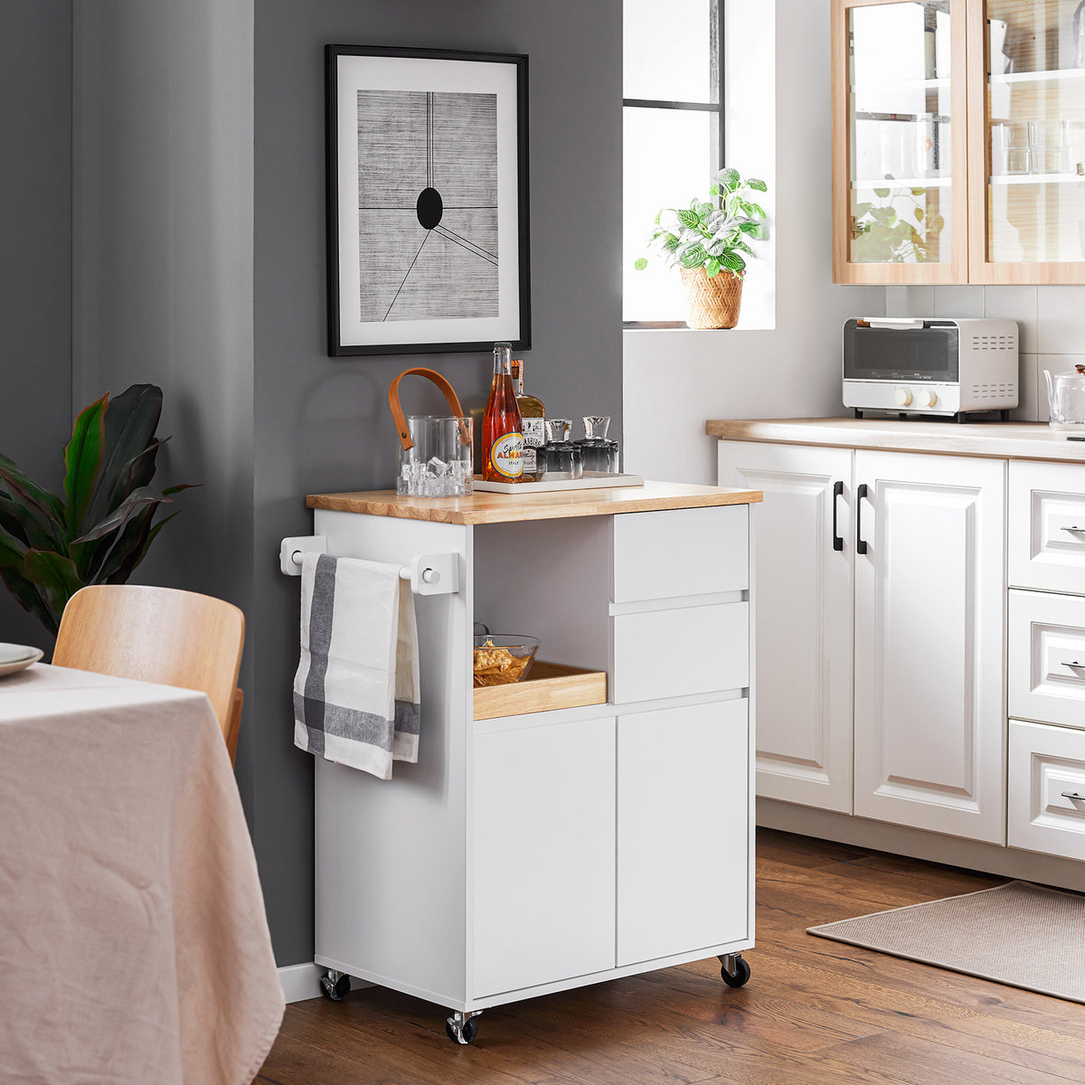 SoBuy FKW123-WN Petit Ìlot de Cuisine à Roulettes – Plan en Bois d'Hévéa, Plateau Extractible, 2 Tiroirs, 72×40×84 cm, Blanc
