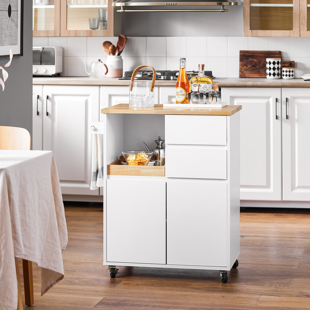 SoBuy FKW123-WN Petit Ìlot de Cuisine à Roulettes – Plan en Bois d'Hévéa, Plateau Extractible, 2 Tiroirs, 72×40×84 cm, Blanc