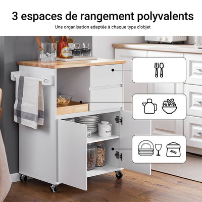 SoBuy FKW123-WN Petit Ìlot de Cuisine à Roulettes – Plan en Bois d'Hévéa, Plateau Extractible, 2 Tiroirs, 72×40×84 cm, Blanc