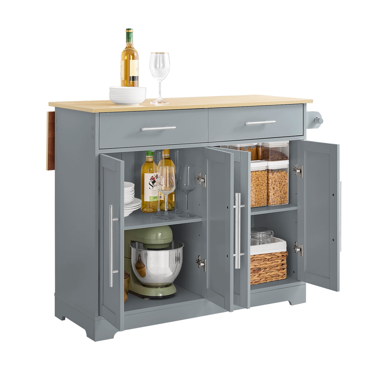 SoBuy FKW129-HG Desserte Cuisine avec Roues Cachées, 2 Tiroirs, Étagères Réglables et Porte-serviette – L115×P68,7×H91 cm, Charge 98 kg, MDF + PB, Gris