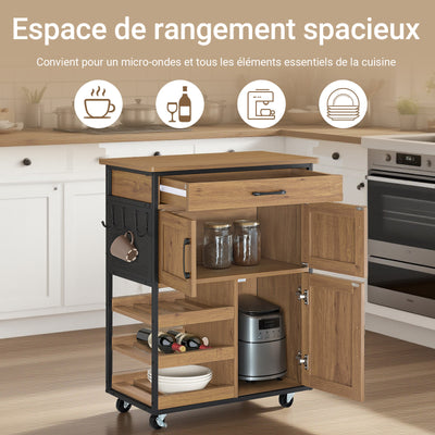 SoBuy FKW134-N Desserte de cuisine à roulettes 67 cm avec tiroir, casier à vin et crochets – Style industriel bois et métal