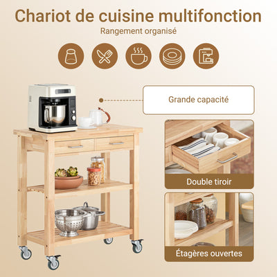 SoBuy FKW24-II-N Desserte de Cuisine 80 × 40 × 90 cm, 2 Tiroirs et 2 Étagères – Hévéa Massif Vernis