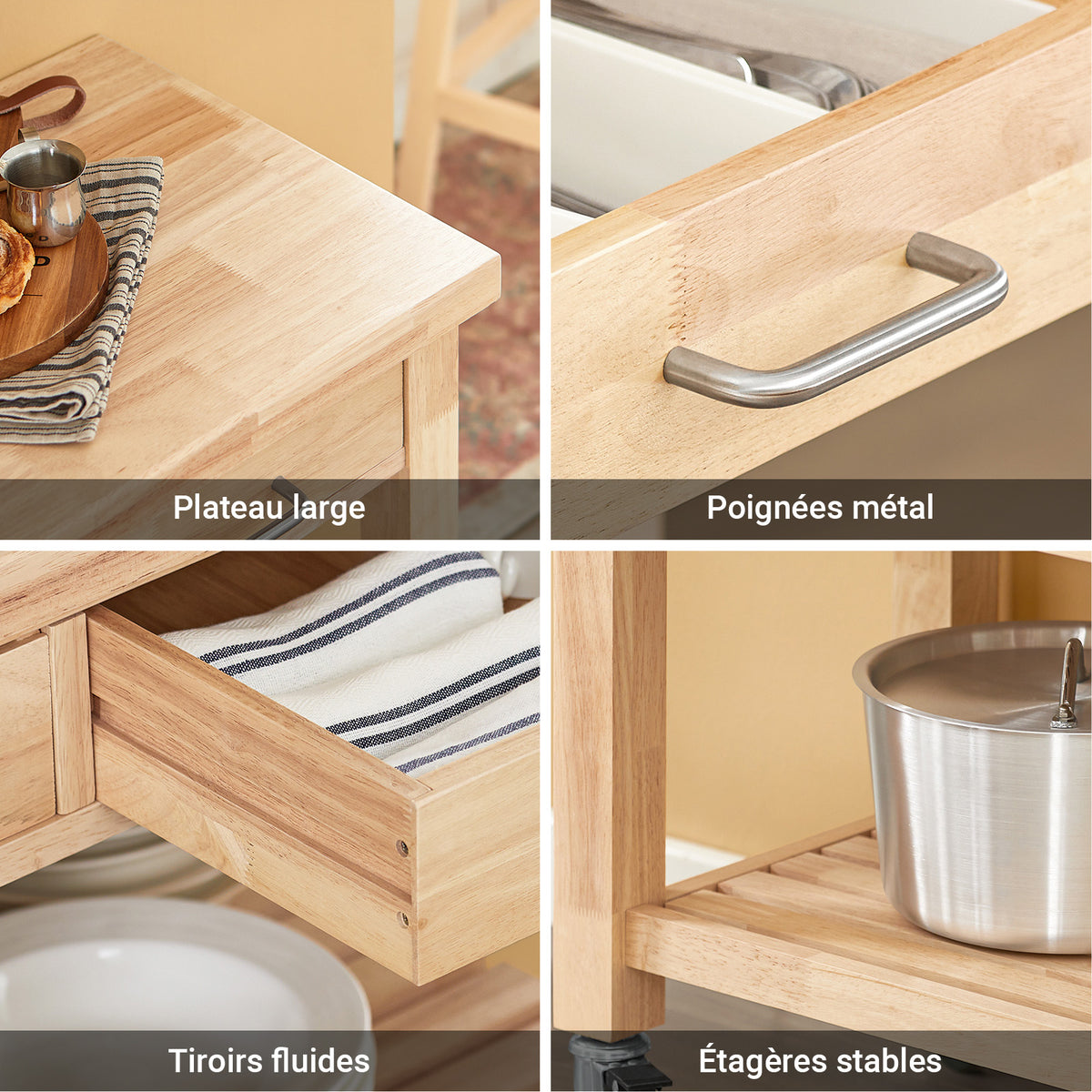 SoBuy FKW24-II-N Desserte de Cuisine 80 × 40 × 90 cm, 2 Tiroirs et 2 Étagères – Hévéa Massif Vernis