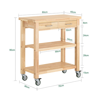 SoBuy FKW24-II-N Desserte de Cuisine 80 × 40 × 90 cm, 2 Tiroirs et 2 Étagères – Hévéa Massif Vernis