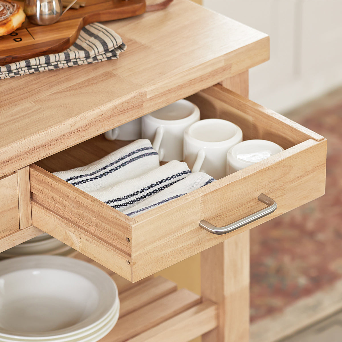 SoBuy FKW24-II-N Desserte de Cuisine 80 × 40 × 90 cm, 2 Tiroirs et 2 Étagères – Hévéa Massif Vernis