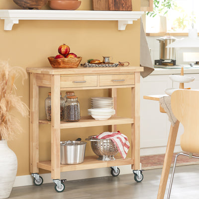 SoBuy FKW24-II-N Desserte de Cuisine 80 × 40 × 90 cm, 2 Tiroirs et 2 Étagères – Hévéa Massif Vernis