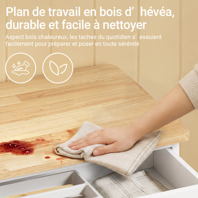SoBuy FKW45-E-WN Desserte de Cuisine avec Prise Intégrée – 2 Prises + 2 USB, Casier à Bouteilles, Roulettes ou Pieds, 63 kg, Blanc et Bois
