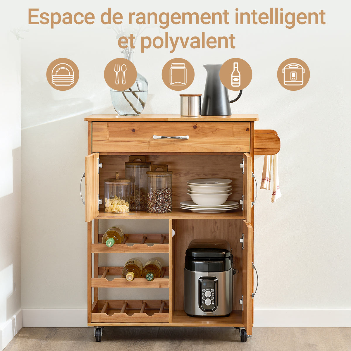 SoBuy FKW45-N Desserte Cuisine en Bois Massif à Roulettes – Range-Bouteilles, Tiroir, 2 Placards, Porte-Serviettes Réversible, 66×38×86 cm, 63 kg, Naturel