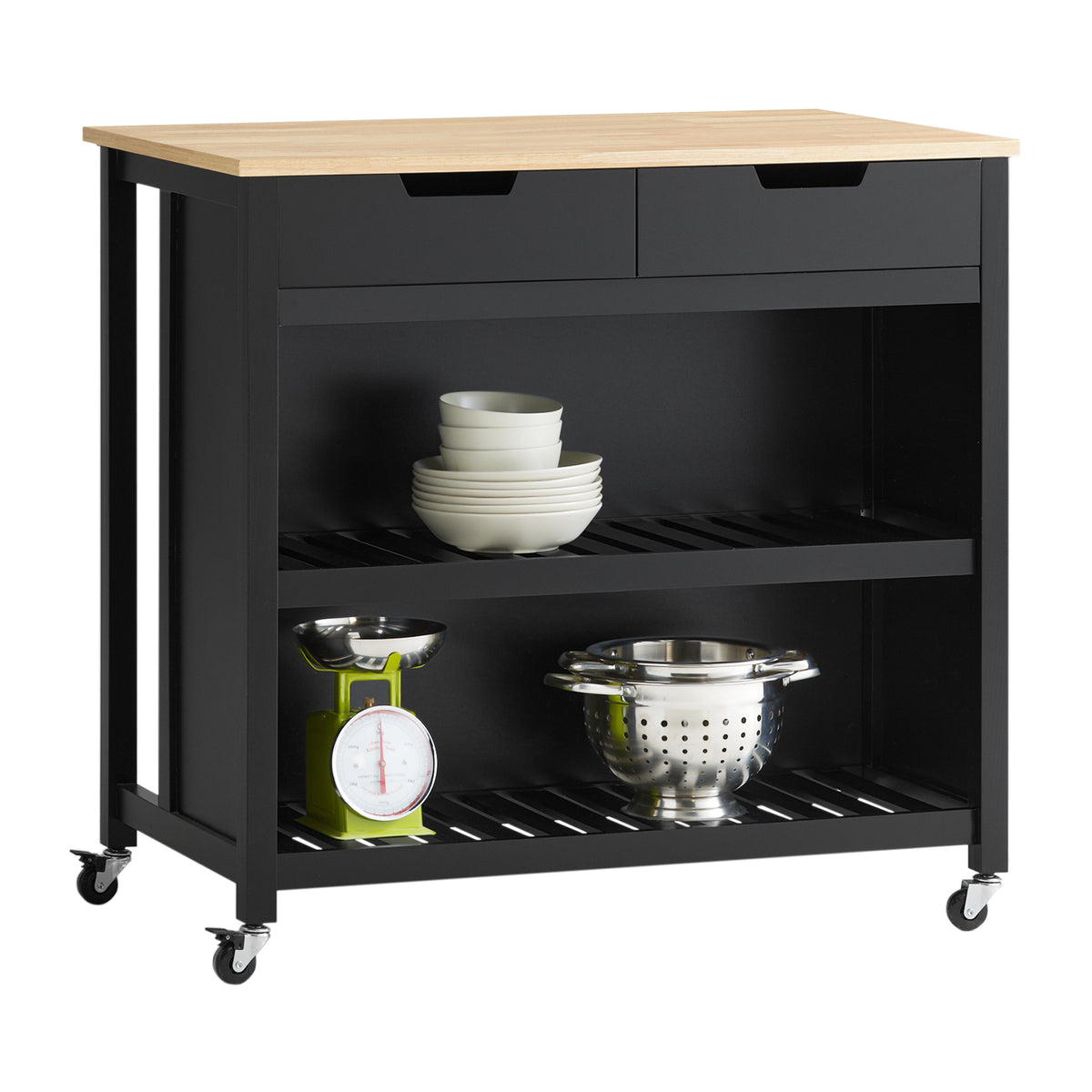 SoBuy FKW74-SCH Desserte Cuisine à Roulettes 94 cm avec 2 Tiroirs et 2 Étagères, Plan de Travail 60 kg – 4 Roulettes dont 2 F