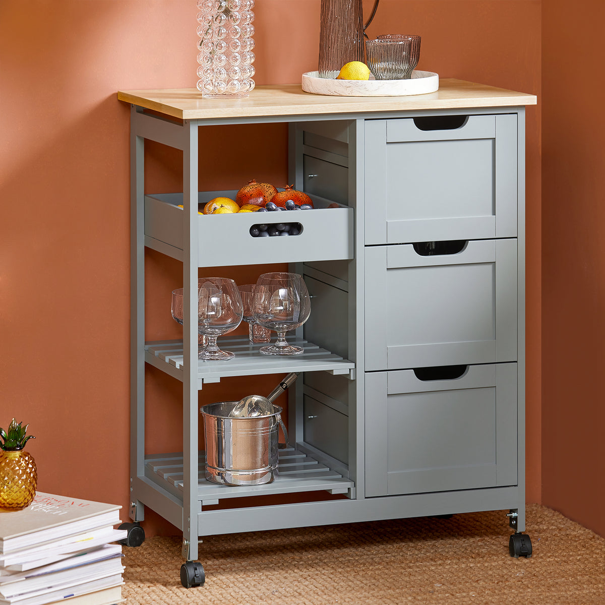 SoBuy FKW79-HG Meuble Cuisine Desserte de Cuisine à roulettes, Desserte Rangement avec 3 Tiroirs et 1 Tablette Amovible, Meuble de Rangement Cuisine, L68xP38xH85cm,Gris