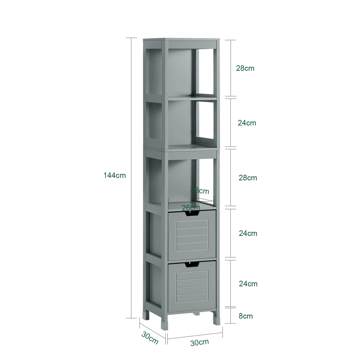 SoBuy FRG126-SG Colonne Salle de Bain avec 4 Étagères et 2 Tiroirs, Gain de Place, pour Salle de Bain et WC, Usage Quotidien – L30×P30×H140 cm, Bois, Gris Clair