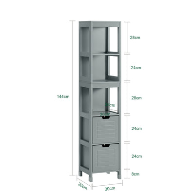 SoBuy FRG126-SG Colonne Salle de Bain avec 4 Étagères et 2 Tiroirs, Gain de Place, pour Salle de Bain et WC, Usage Quotidien – L30×P30×H140 cm, Bois, Gris Clair