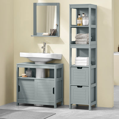 SoBuy FRG126-SG Colonne Salle de Bain avec 4 Étagères et 2 Tiroirs, Gain de Place, pour Salle de Bain et WC, Usage Quotidien – L30×P30×H140 cm, Bois, Gris Clair