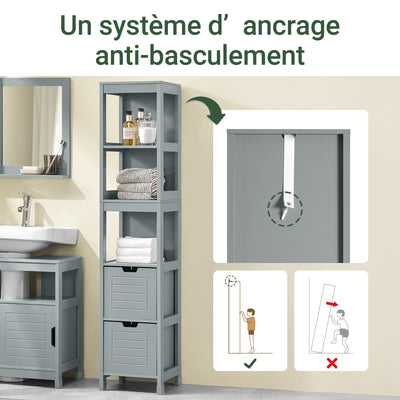SoBuy FRG126-SG Colonne Salle de Bain avec 4 Étagères et 2 Tiroirs, Gain de Place, pour Salle de Bain et WC, Usage Quotidien – L30×P30×H140 cm, Bois, Gris Clair