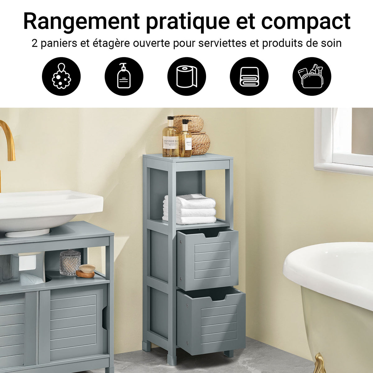 SoBuy FRG127-SG Colonne Salle de Bain avec 2 Paniers, Format Compact, Design Moderne, pour Salle de Bain et WC, Rangement Optimisé – L30×P30×H89 cm, Bois, Gris
