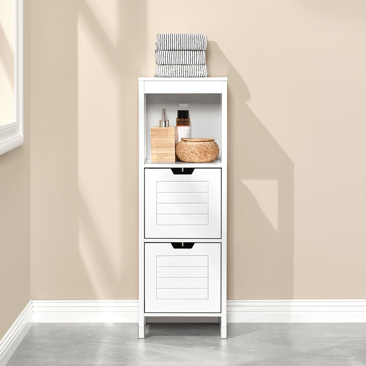 SoBuy FRG127-W Colonne Salle de Bain avec 2 Paniers, Format Compact, Design Moderne, pour Salle de Bain et WC, Rangement Optimisé – L30×P30×H89 cm, Bois, Blanc
