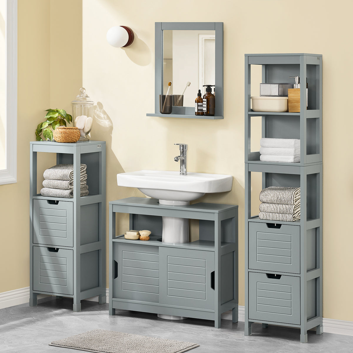 SoBuy FRG128-II-SG Meuble sous Lavabo avec Portes Coulissantes, Format Compact, Résistant à l’Humidité, pour Salle de Bain et WC – L60×P30×H60 cm, Bois, Gris