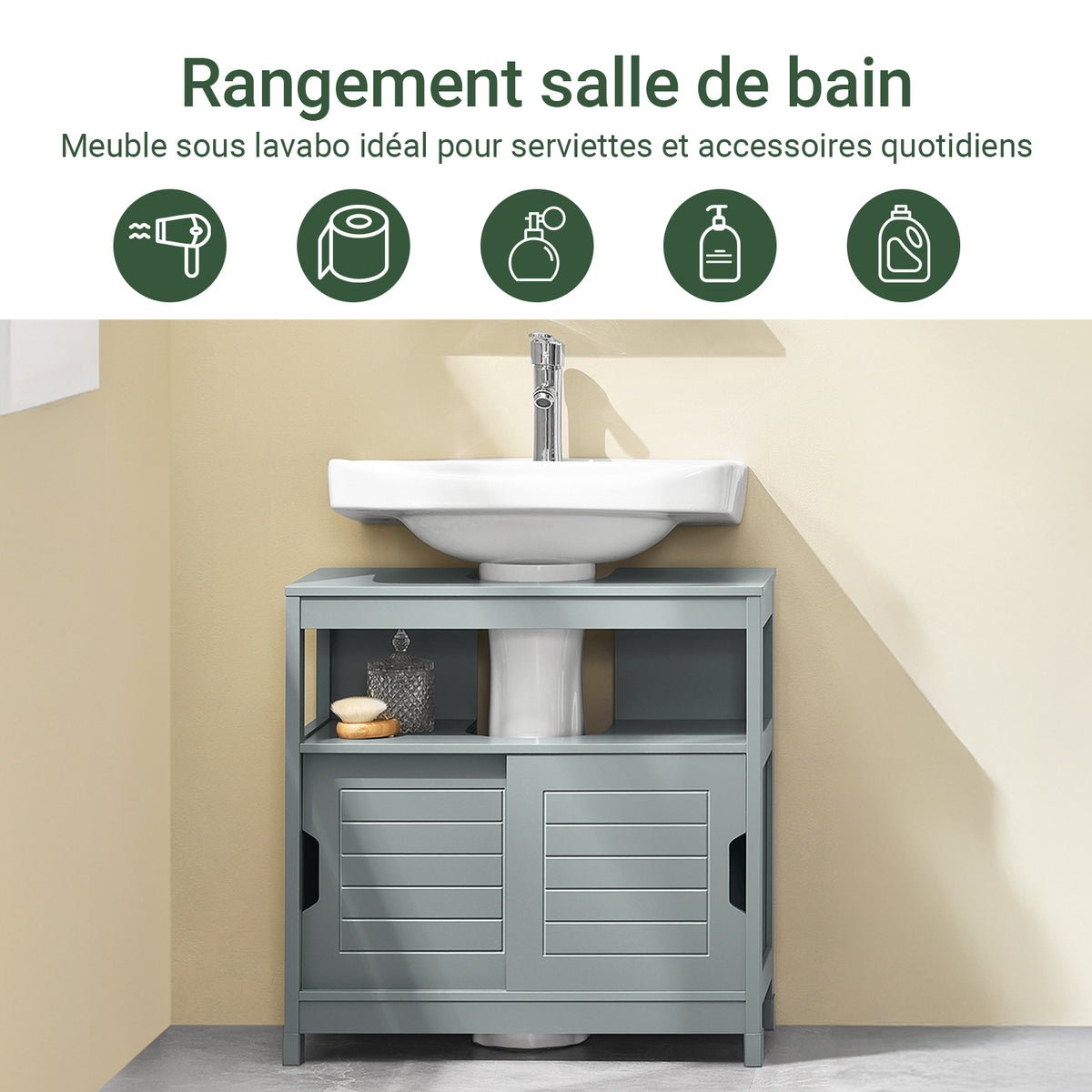 SoBuy FRG128-II-SG Meuble sous Lavabo avec Portes Coulissantes, Format Compact, Résistant à l’Humidité, pour Salle de Bain et WC – L60×P30×H60 cm, Bois, Gris