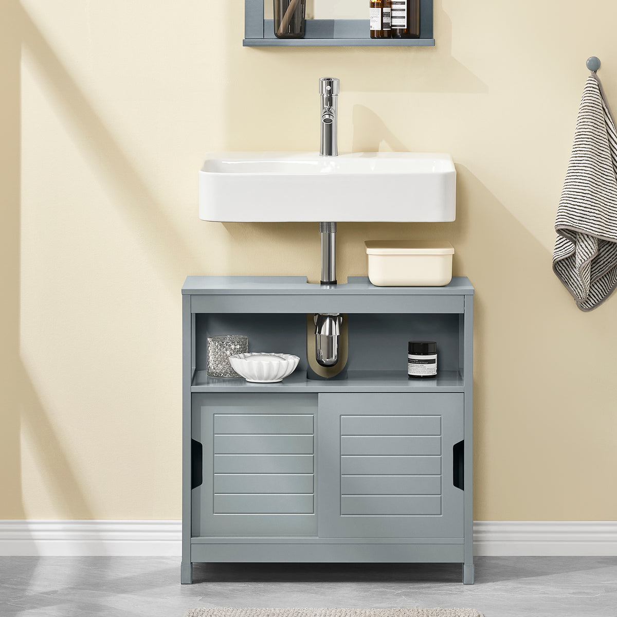SoBuy FRG128-SG Meuble sous Lavabo avec Portes Coulissantes, Format Compact, Résistant à l’Humidité, pour Salle de Bain et WC – L60×P30×H60 cm, Bois, Gris