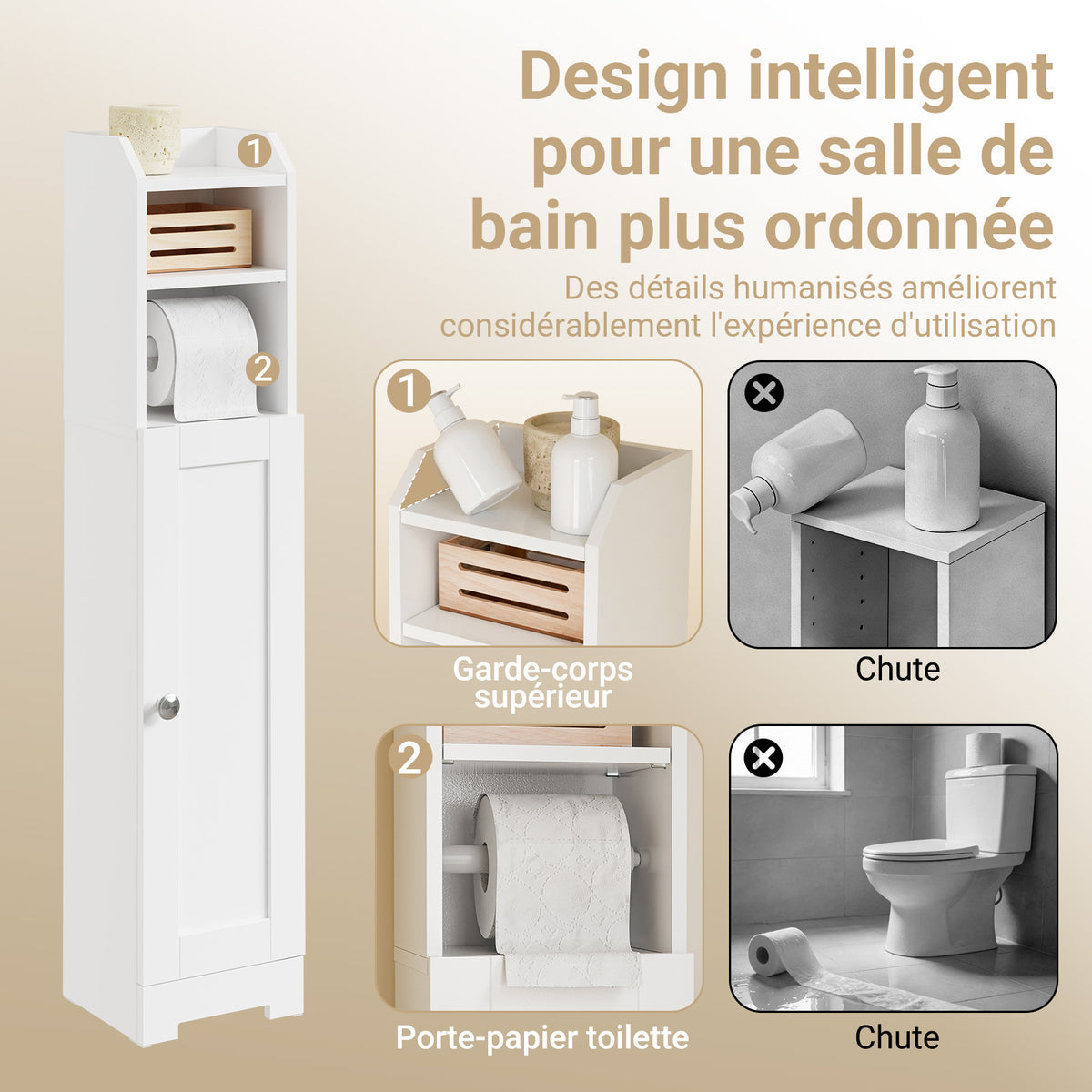 SoBuy FRG177-II-W Meuble Salle de Bain 20 cm de Largeur sur Pied avec Support Papier et Porte - Petit Meuble WC Rangement Gain de Place Blanc