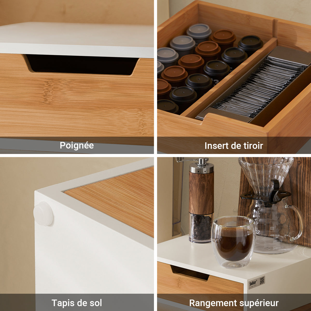 SoBuy FRG179-WN Boîte à Thé avec Tiroir, Format Compact, Rangement Optimisé, Design Fonctionnel, Usage Quotidien – L31×P30×H10 cm, Bois, Blanc et Naturel
