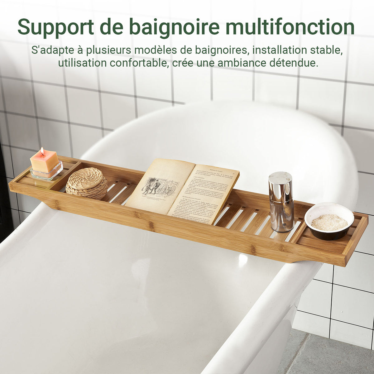 SoBuy FRG212-N Plateau de Baignoire Extra Long et Verni avec Support Verre à Vin et Bougie, Design Fonctionnel, Usage Quotidien, Pratique – Bambou, Naturel
