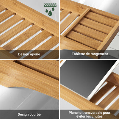 SoBuy FRG212-N Plateau de Baignoire Extra Long et Verni avec Support Verre à Vin et Bougie, Design Fonctionnel, Usage Quotidien, Pratique – Bambou, Naturel