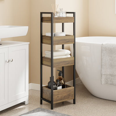 SoBuy FRG226-H-F Étagère WC Étroite 20 cm – Meuble Rangement Toilette Gain de Place, 4 Étagères Compartimentées, Style Industriel Bois et Métal Noir