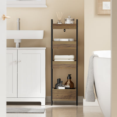 SoBuy FRG226-H-F Étagère WC Étroite 20 cm – Meuble Rangement Toilette Gain de Place, 4 Étagères Compartimentées, Style Industriel Bois et Métal Noir
