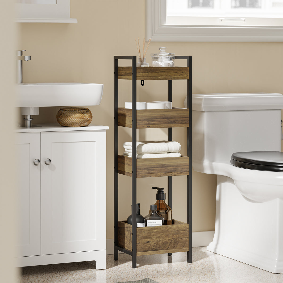 SoBuy FRG226-H-F Étagère WC Étroite 20 cm – Meuble Rangement Toilette Gain de Place, 4 Étagères Compartimentées, Style Industriel Bois et Métal Noir