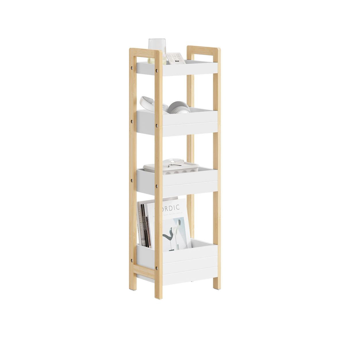 SoBuy FRG226-H-WN Étagère WC Étroite 28 cm avec 4 Compartiments, Cadre Bambou et Anti-basculement – Rangement Toilette Bois N