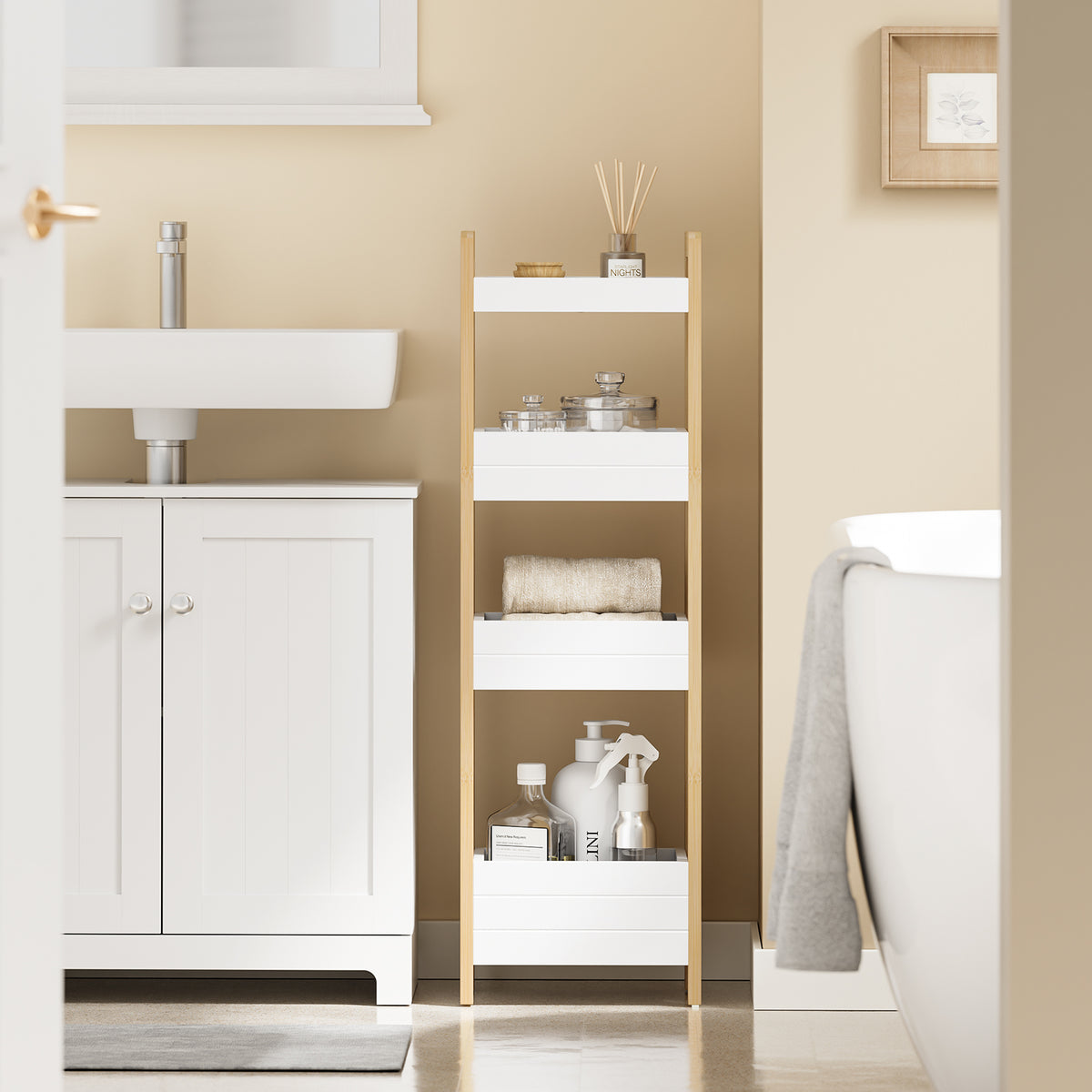 SoBuy FRG226-H-WN Étagère WC Étroite 28 cm avec 4 Compartiments, Cadre Bambou et Anti-basculement – Rangement Toilette Bois Naturel et Blanc, 90 cm