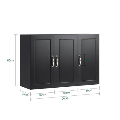 SoBuy FRG231-L-SCH Meuble Haut Suspendu Noir 90 cm avec 3 Portes et Étagère Réglable – MDF E1, Charge 36 kg, Sangle Anti-Basculement
