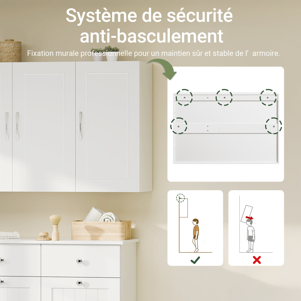 SoBuy FRG231-L-W Meuble Haut Suspendu 90 cm – 3 Portes, Étagère Réglable – Blanc
