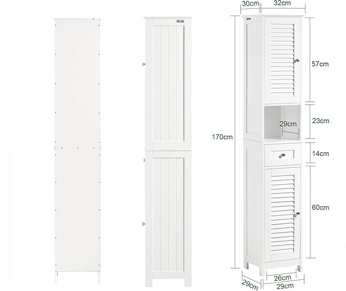 SoBuy FRG236-W Colonne de Salle de Bain – 32 cm, 2 Portes Persiennes, Tiroir et Niche, Blanc