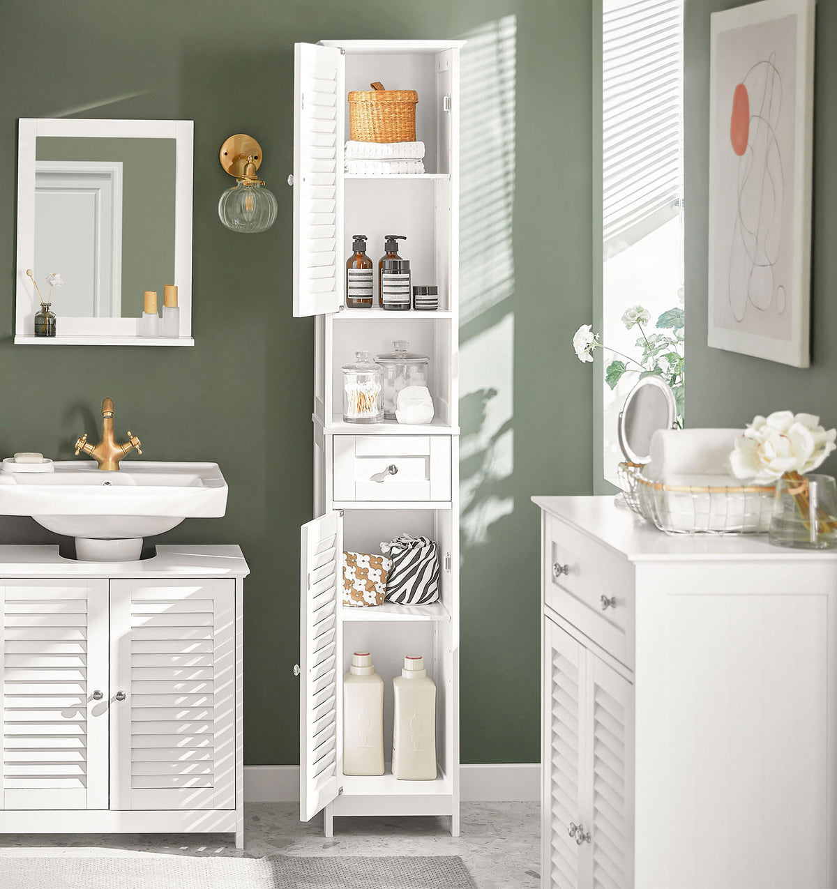 SoBuy FRG236-W Colonne de Salle de Bain – 32 cm, 2 Portes Persiennes, Tiroir et Niche, Blanc