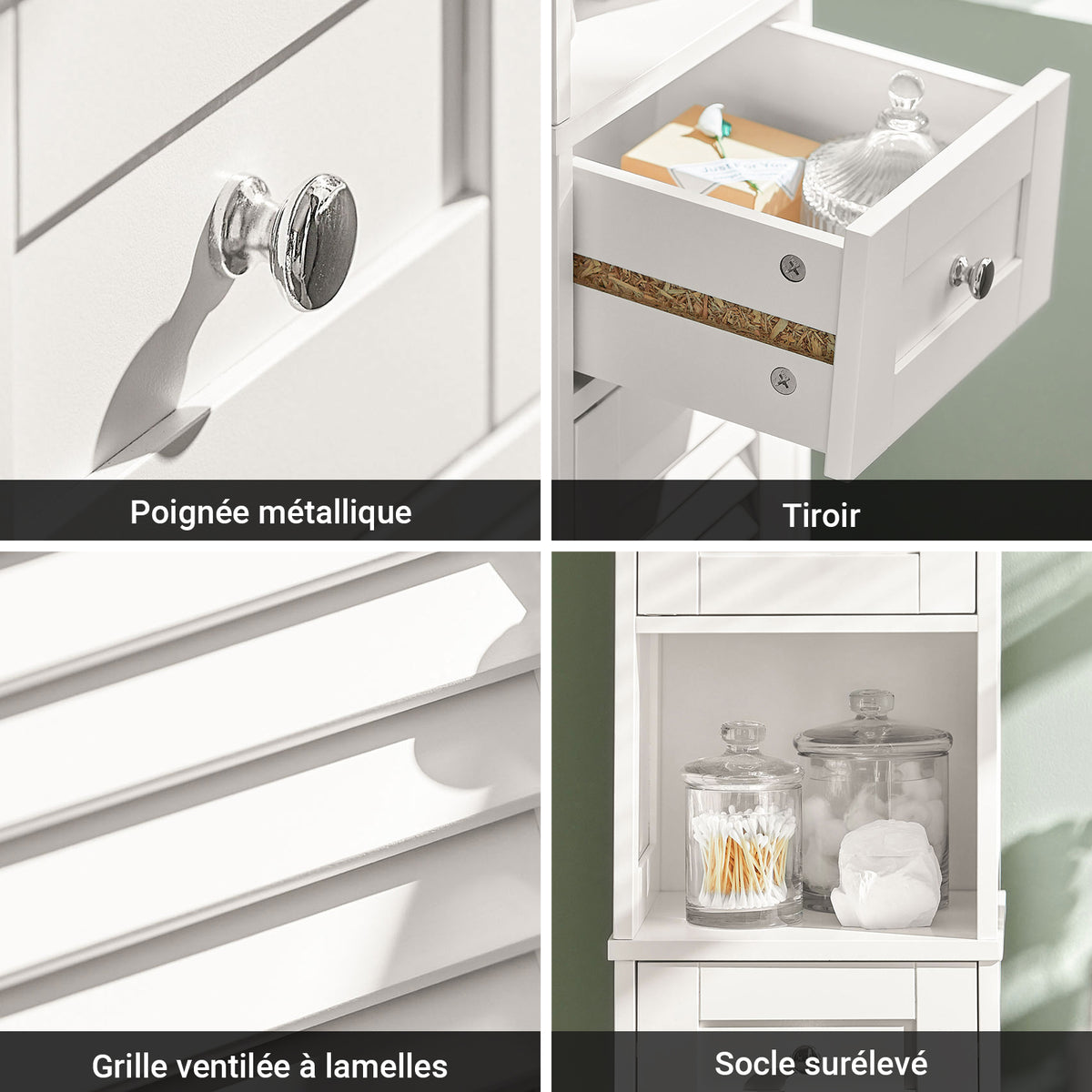 SoBuy FRG236-W Colonne de Salle de Bain – 32 cm, 2 Portes Persiennes, Tiroir et Niche, Blanc