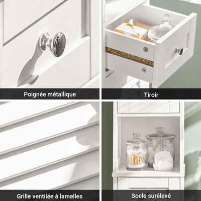 SoBuy FRG236-W Colonne de Salle de Bain – 32 cm, 2 Portes Persiennes, Tiroir et Niche, Blanc