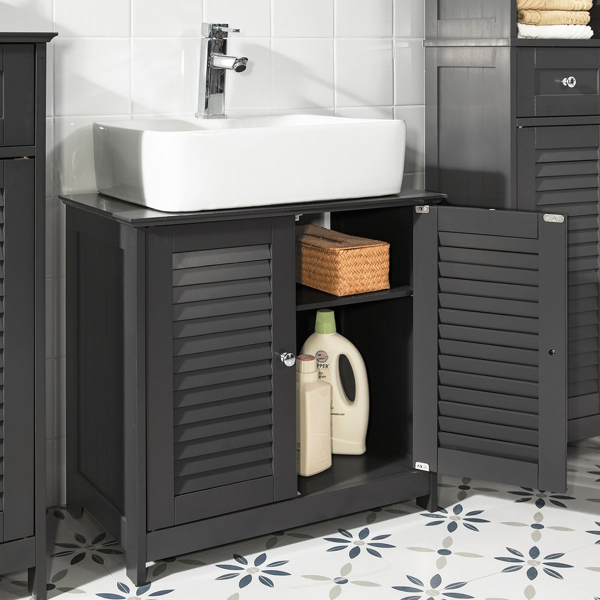 SoBuy FRG237-DG Meuble sous Lavabo avec Étagères Ajustables, Résistant à l’Humidité, pour Salle de Bain et WC, Rangement Optimisé – L60×P35×H58 cm, MDF, Gris