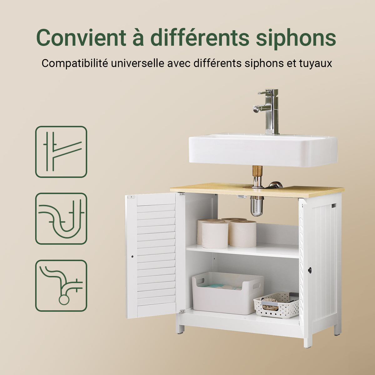 SoBuy FRG237-WN Meuble Sous Lavabo, Meuble sous Vasque avec 2 Portes et 2 Étages