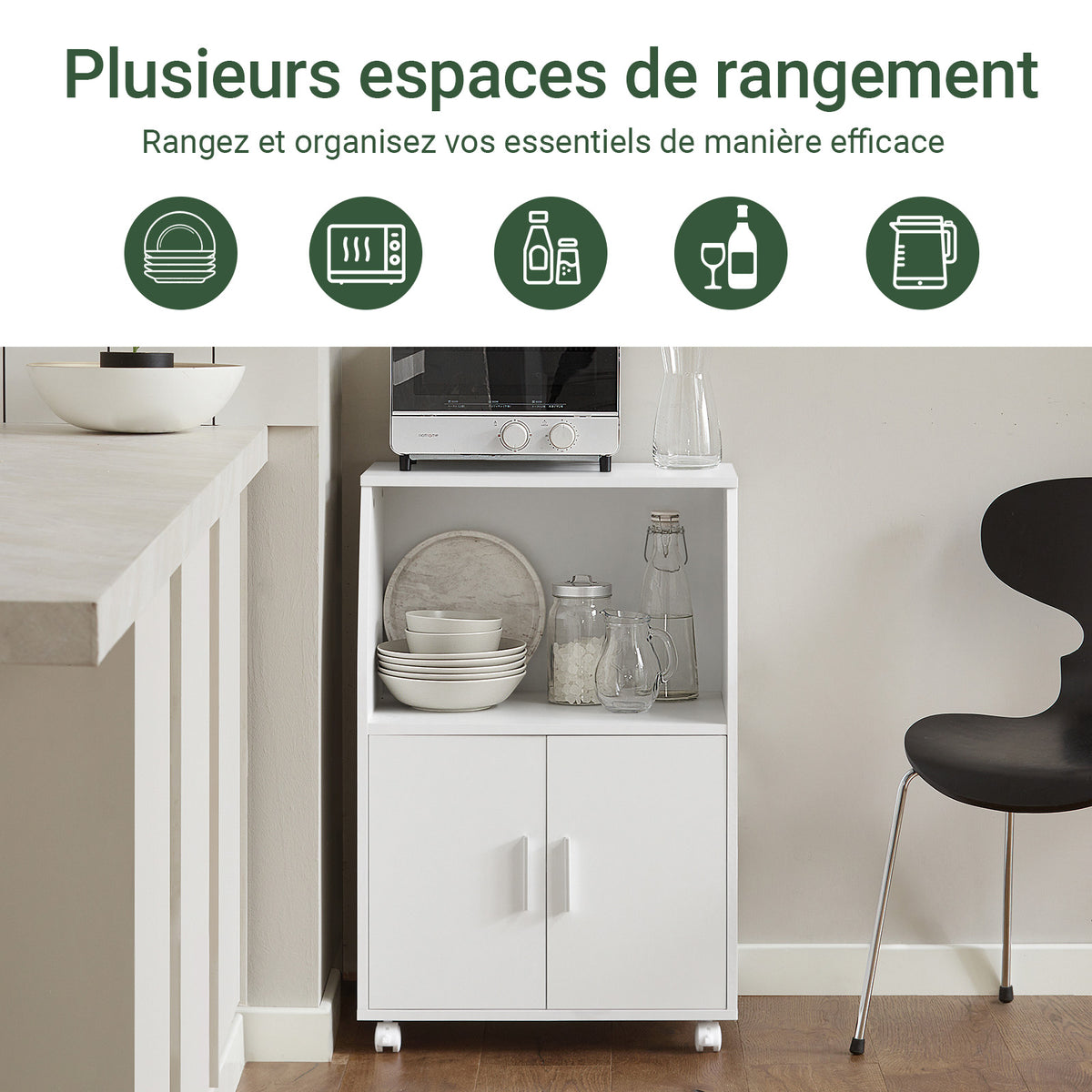 SoBuy FRG241-W Meuble de Rangement à Roulettes avec Portes et Étagère Réglable – Blanc