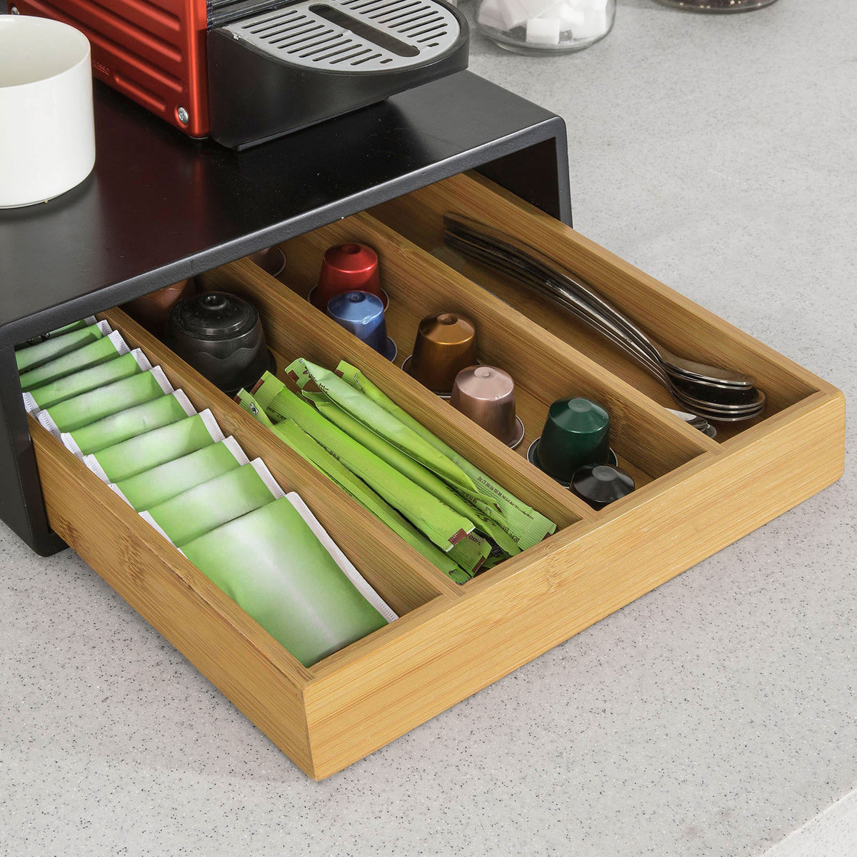 SoBuy FRG280-SCH Boîte à Thé avec Tiroir, Format Compact, Rangement Optimisé, Design Fonctionnel, Usage Quotidien, Pratique – L31×P30×H10 cm, Bambou, Noir