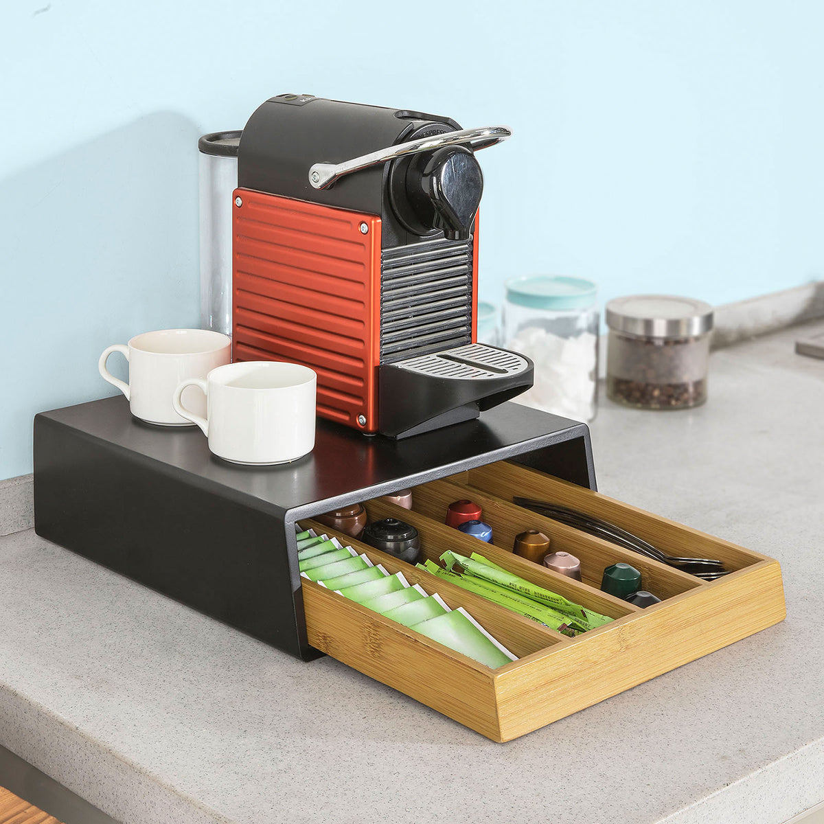 SoBuy FRG280-SCH Boîte à Thé avec Tiroir, Format Compact, Rangement Optimisé, Design Fonctionnel, Usage Quotidien, Pratique – L31×P30×H10 cm, Bambou, Noir
