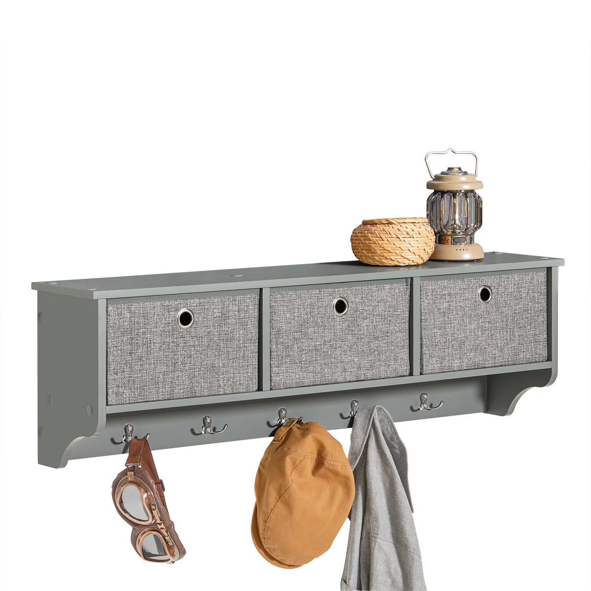 SoBuy FRG282-HG Porte Manteau Mural avec 5 Crochets et 3 Paniers - Porte Manteau Mural Bois, Meuble Entrée avec Étagère - Pen