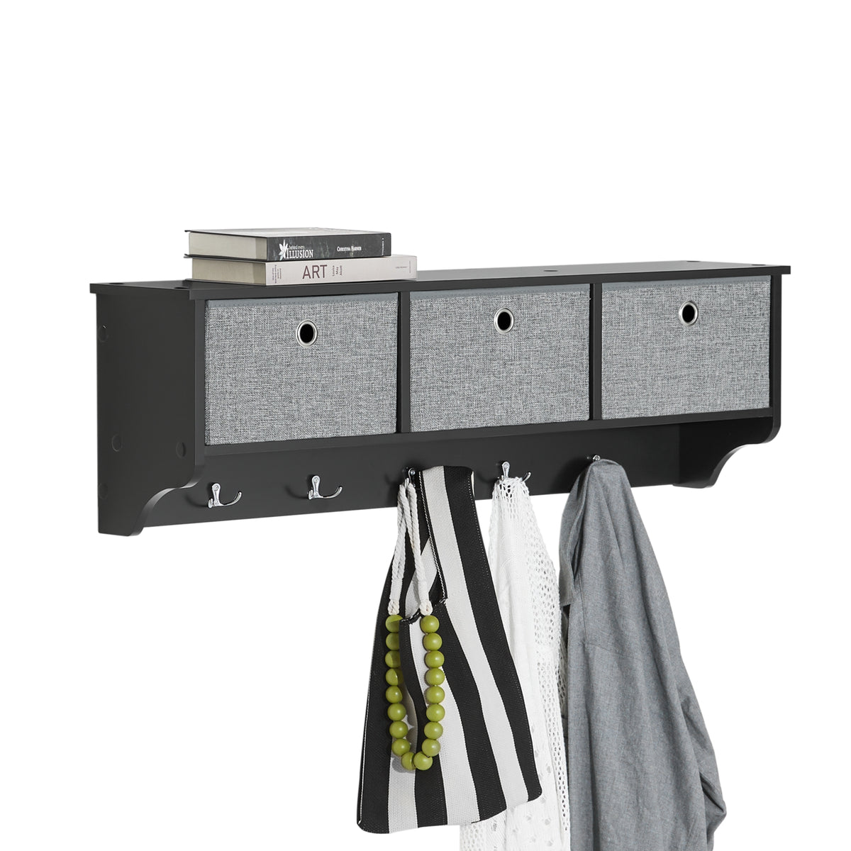 SoBuy FRG282-SCH Porte Manteau Mural avec 5 Crochets et 3 Paniers - Porte Manteau Mural Bois, Meuble Entrée avec Étagère - Pe