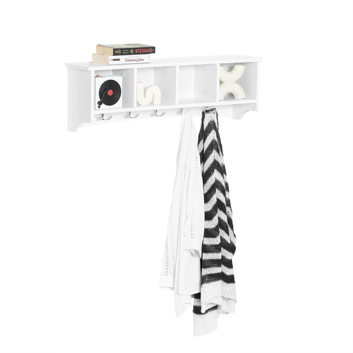 SoBuy FRG48-L-W Portemanteau Étagère Murale Porte-Manteau Salle de Bain Meuble d’Entrée avec 4 Compartiments de Rangement Et 